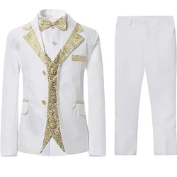 Boys Slim Fit Suits 5 Pieces Set Kids Blazer Vest Pants Shirt Bowtie Jacket With Gold Rims For Wedding Party Prom