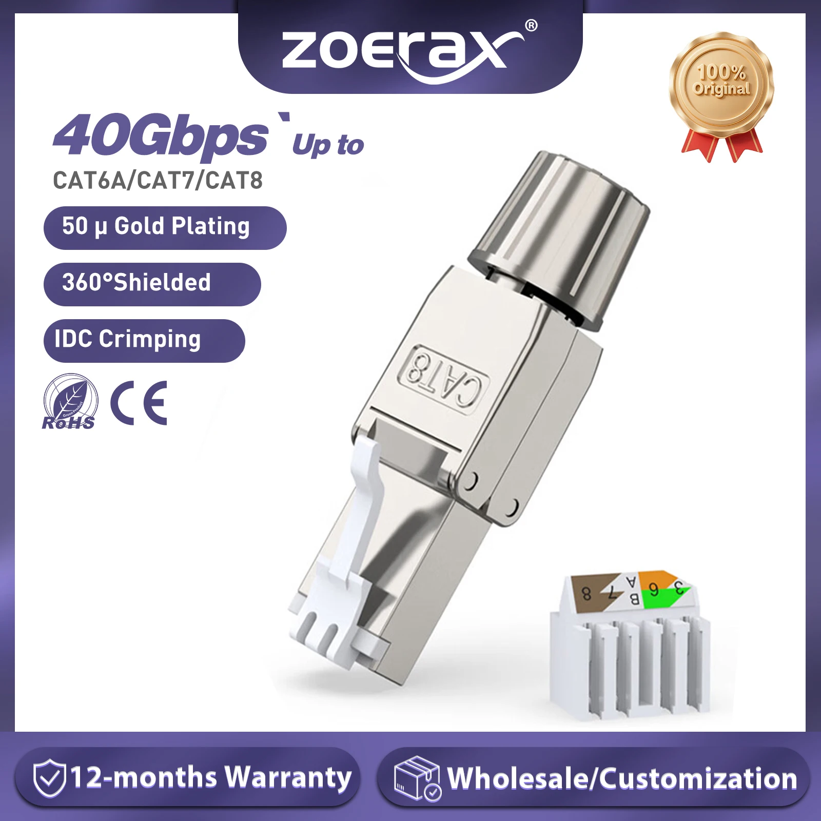 ZoeRax RJ45 Cat6A Cat7 Cat8 Tool Free Connector Reusable Shielded Ethernet Field Modular PLug 2000MHz 40Gbps LAN Cable 22-26AWG