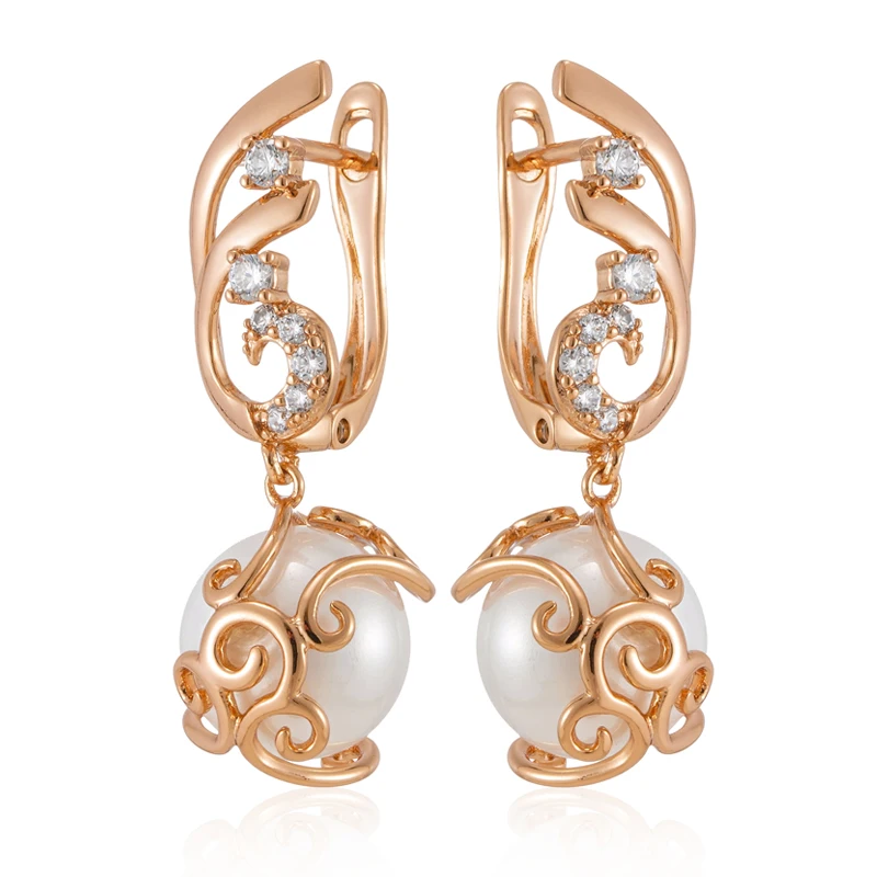 Kinel Hot Pearl Long Drop Earrings For Women Trendy 585 Rose Gold Color Natural Zircon Vintage Flower Wedding Fine Daily Jewelry