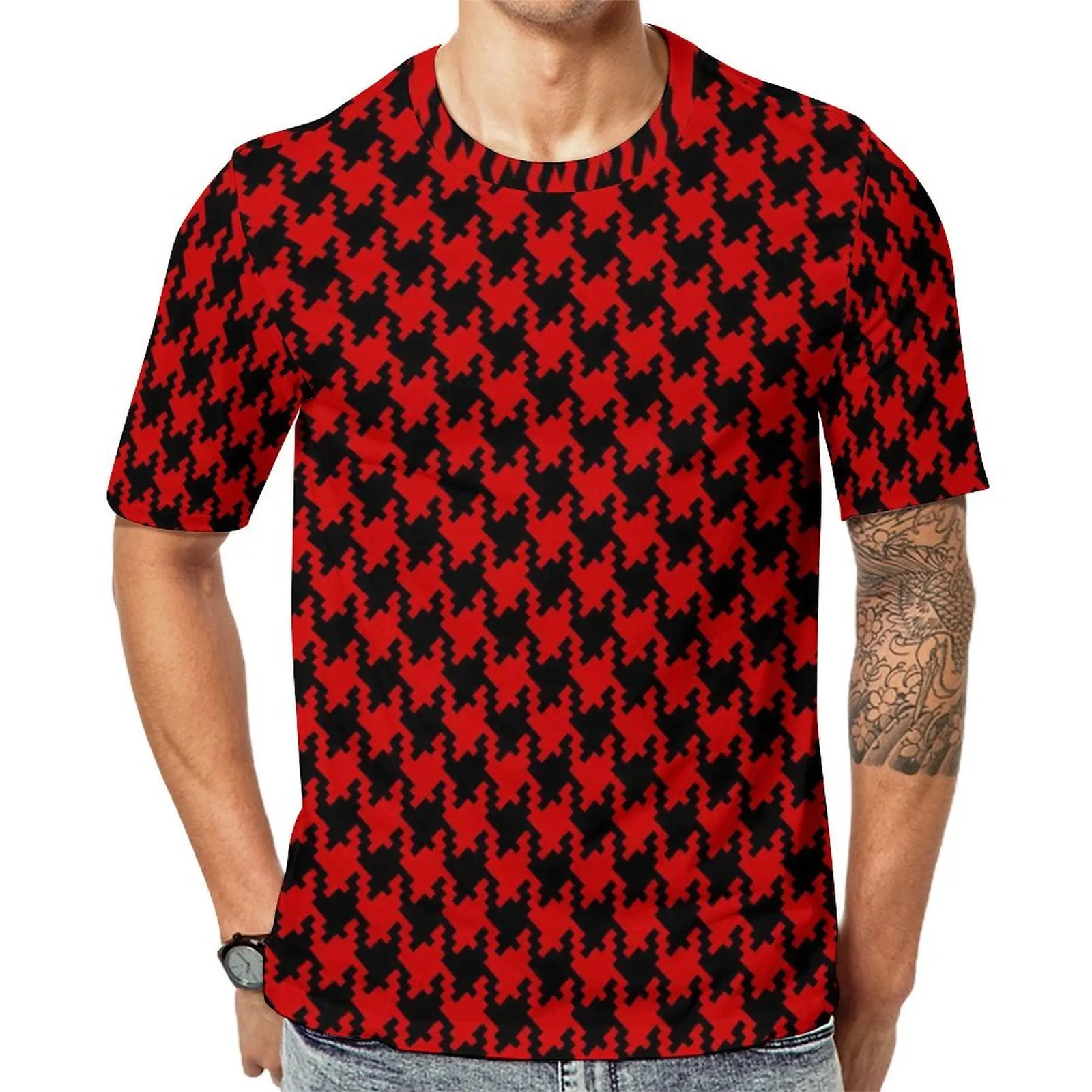Black Red Houndstooth T Shirt Check Print Vintage T Shirts Men Awesome Tee Shirt Original Short-Sleeve Graphic Clothes Plus Size