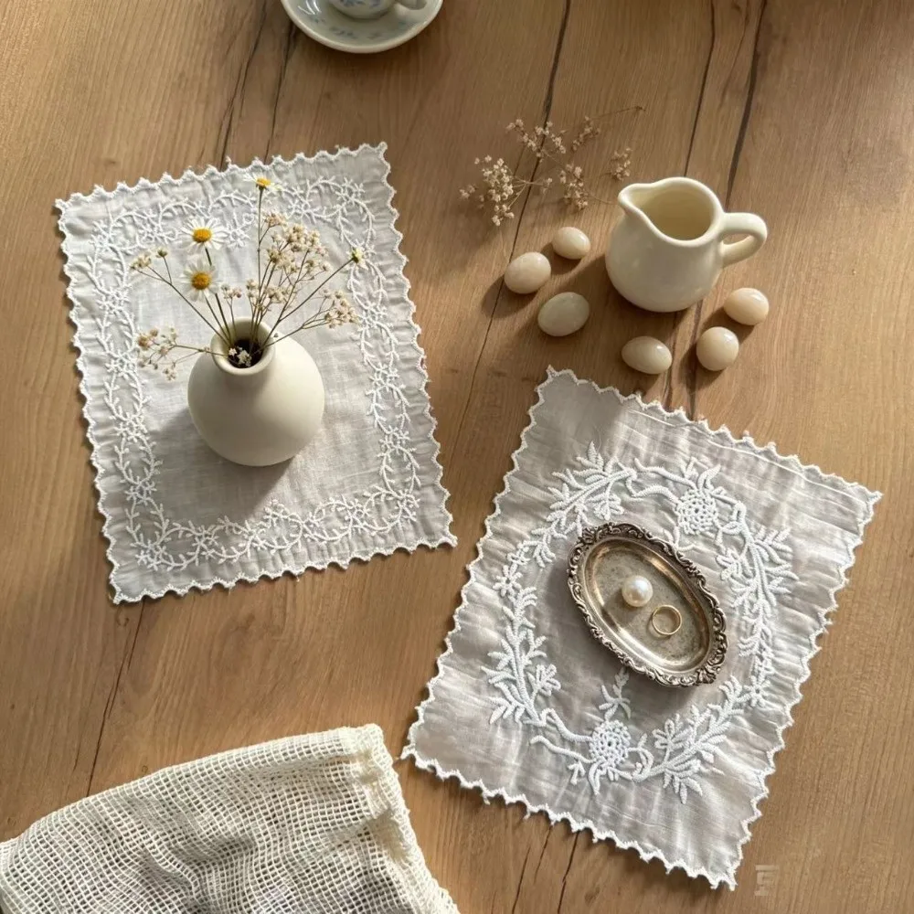 Flower Embroidered Lace Placemats Soft Flounced Lightweight Cloth Napkins French Square Western Food Mats Photo Background
