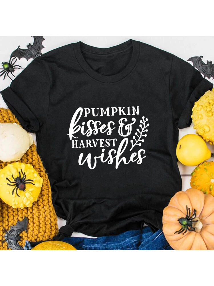 2020 Halloween Pumpkin Kisses Harvest Wishes Women Tees Harajuku Aesthetic Tumblr T Shirts Ropa De Mujer Clothes Quotes Fashion