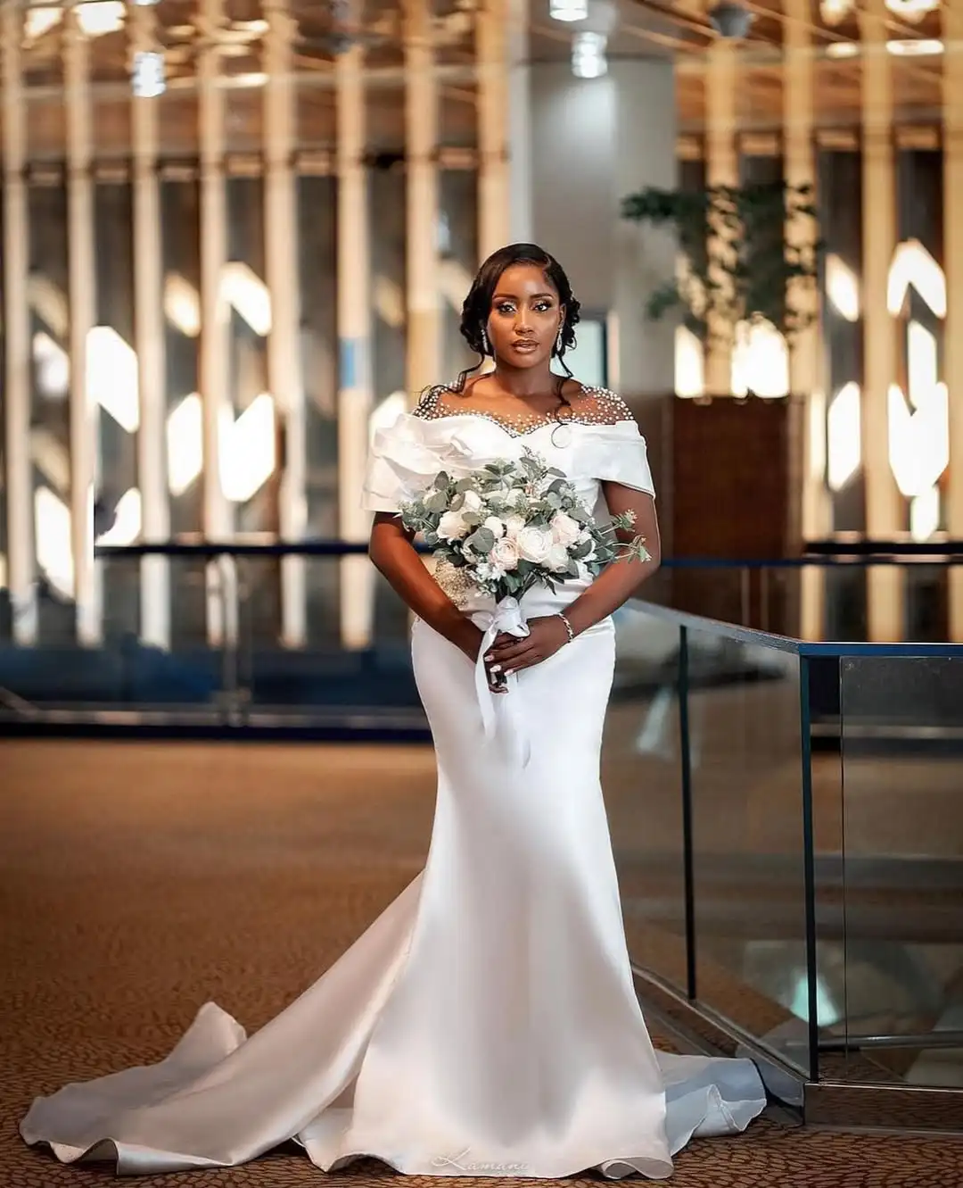 Clean White Mermaid Wedding Dresses for Black Bride Sheer Neck Pearls Beading Satin Africa Garden Beach Bridal Gowns Customized image 6