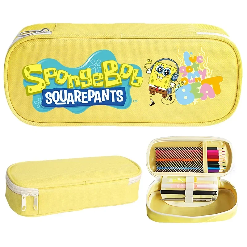 SpongeBob SquarePants Kids Pencil Case Cartoon Anime Large-capacity Zippered Pencil Pouch Durable Stationery Bag Boy Girl Gift