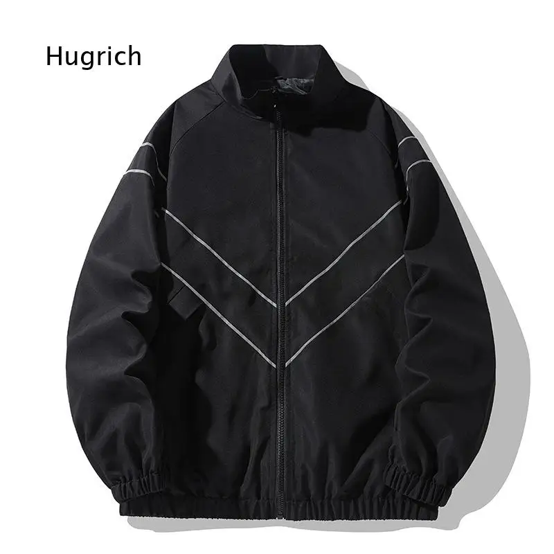 Jacket For Russia Market Teenagers Vintage Simple Stand Collar Loose Fit Top With Reflective Strips For Male Daily