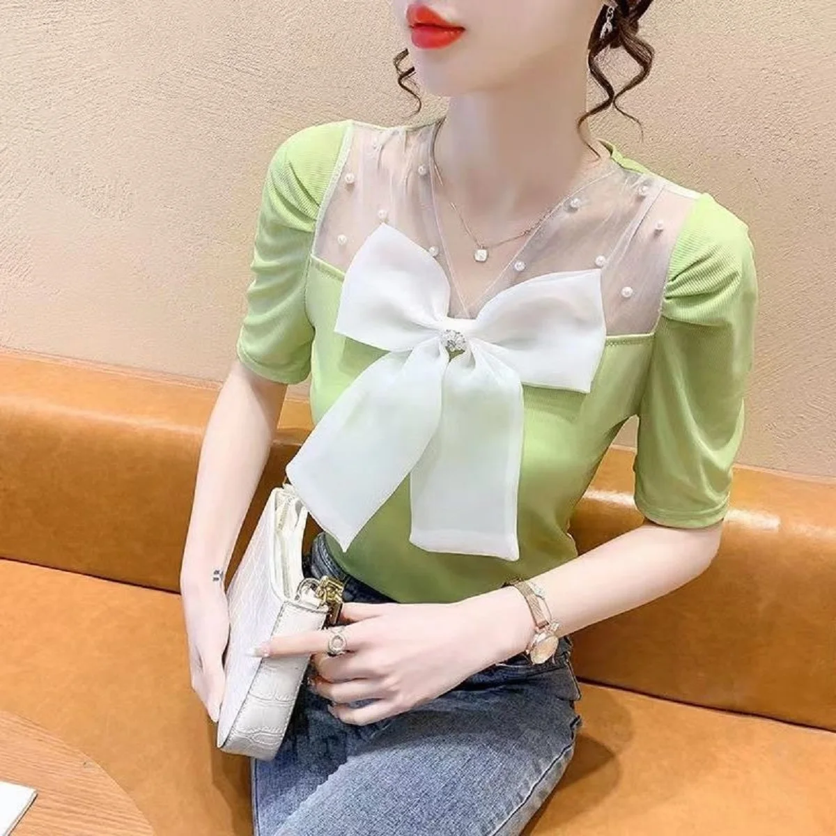 Women Top Elegant Puff Sleeve Spliced Bow Casual Pullover Sweet V Neck Summer  Korean Fashion Style Women Clothing