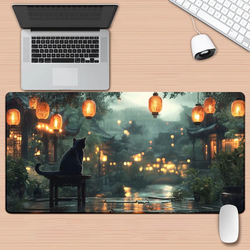 قطعة واحدة من وسادة مطبوعة عالية الدقة على شكل قطة سوداء ممطرة للمكتب، لوحة ماوس XXL متعددة الوظائف، سجادات ماوس ألعاب لوحة المفاتيح، Computjava المكتبية