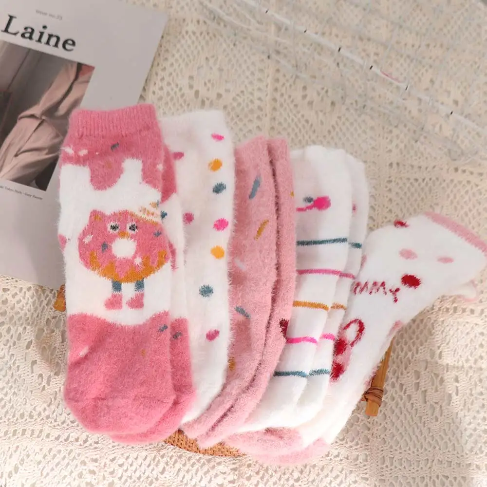 5Pairs Ins Cartoon Mink Fur Socks Dot Winter Sleeping Socks Women Sweet Soft Plush Socks Fall Winter