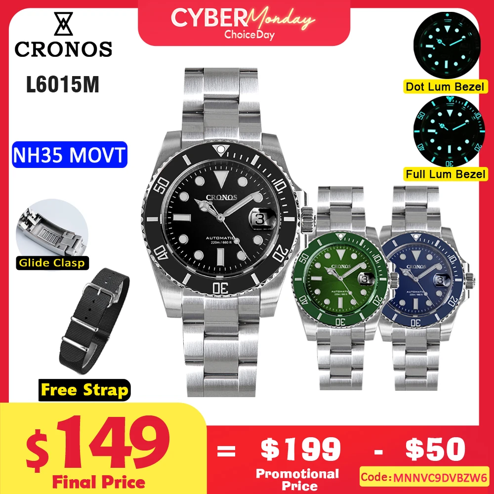 Cronos Sub Diver orologio da uomo con data NH35 bracciale spazzolato lunetta in ceramica 20 ATM Glideclasp Sapphire Cyclops