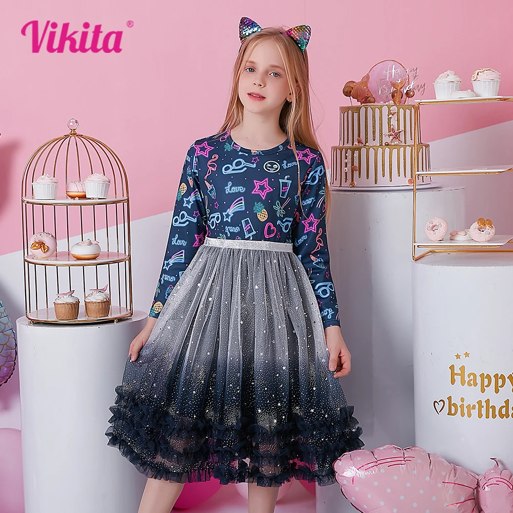 VIKITA Girls Cartoon Print Dress Kids Gradient Birthday Party Performance Prom Gown Patchwork Layered Tulle Tutu Mesh Princess