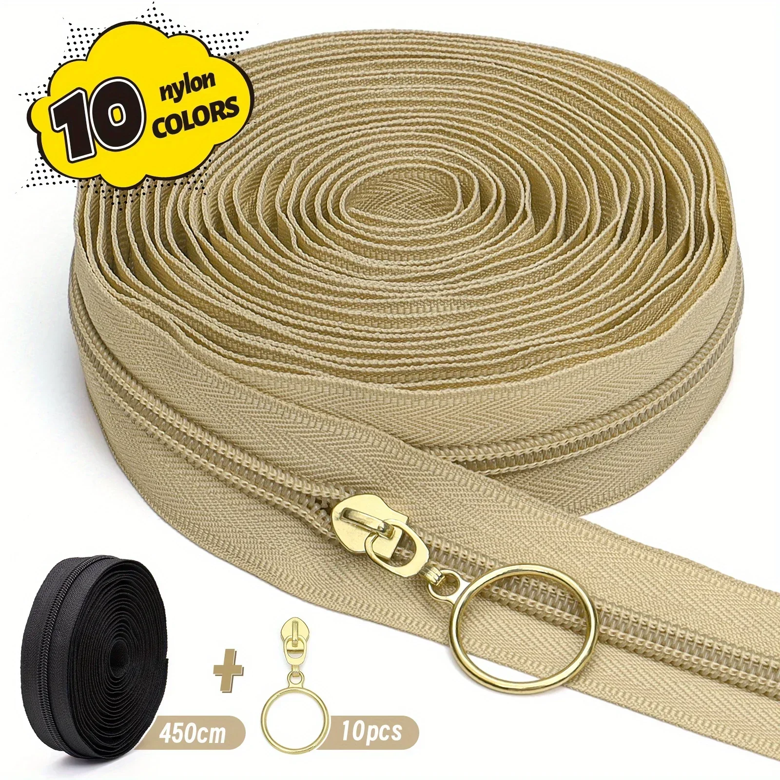 1 Satz, 5 # Einfarbiger Nylon-Reißverschluss, hellgoldener Kreis-Reißverschlusskopf, 10-Farben-Reißverschluss optional