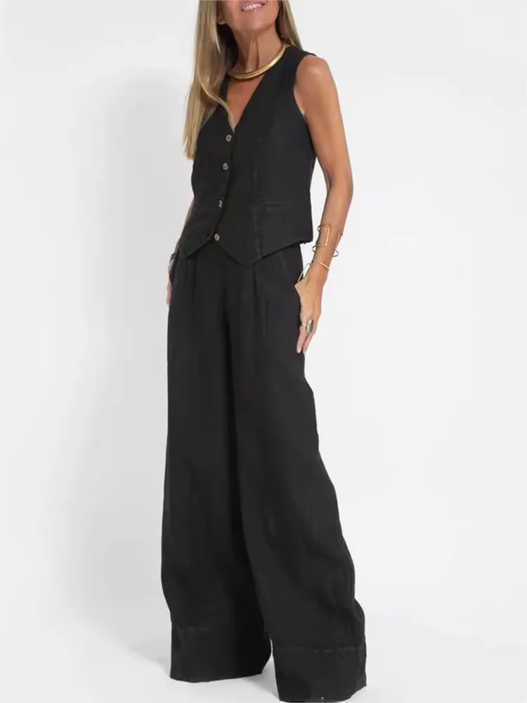 Spring Summer Elegant High Waist Trousers Outfits 2024 Women Chic Two Piece Set Sleeveless Vest Top with Wide Leg Pants Suits