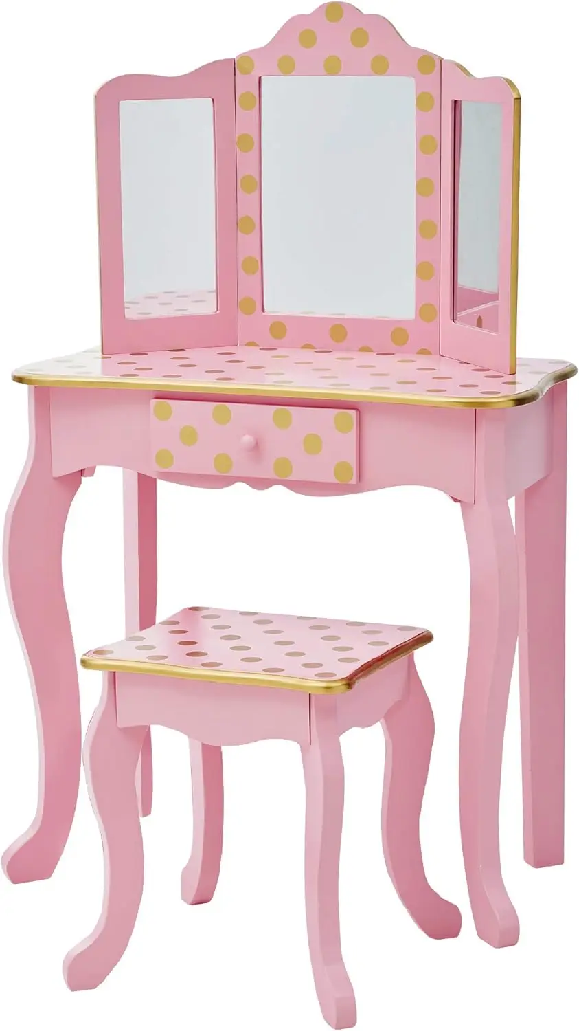

Kids Vanity Set with Mirror, Table & Chair, Pink/Gold Polka Dot Design, Makeup Dressing Table with Storage Drawer