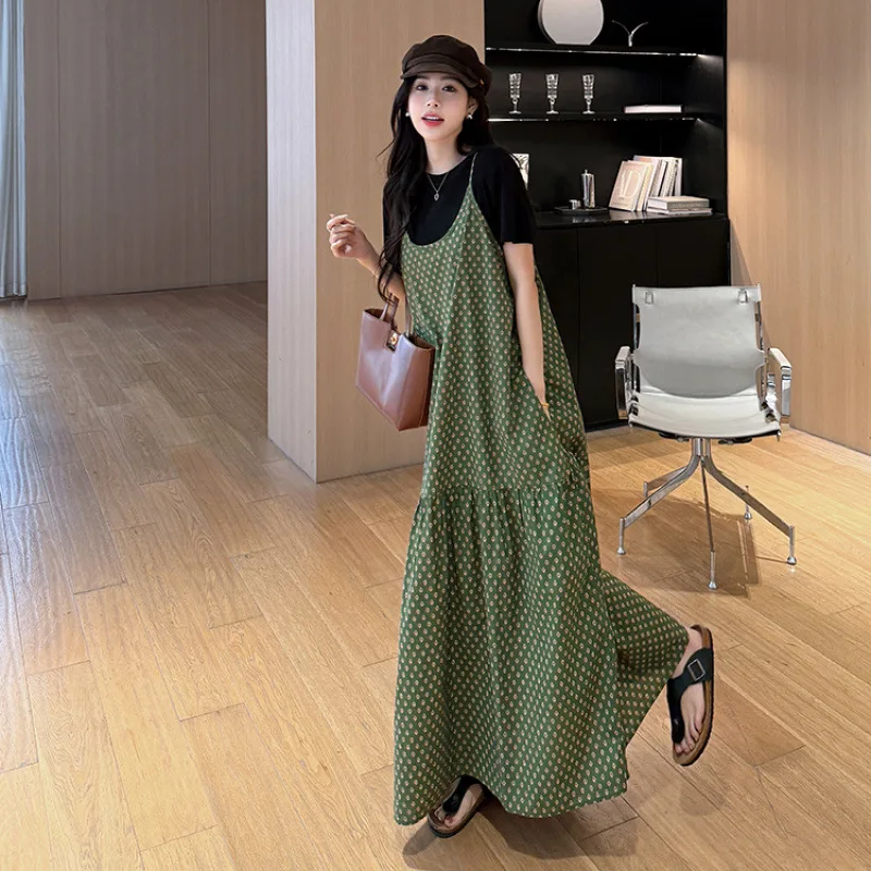 Abito lungo estivo da donna Allentato Plus Size Manica corta Set da due pezzi T-shirt da vacanza + Abito con fionda Robe Ete Femme Elbise 2025