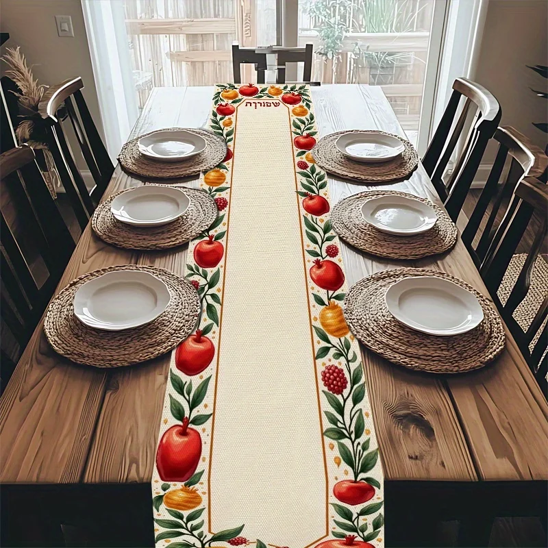 1pc 2D Flat Table Runner, New Year Peach and Berry Printed Rectangle Table Runner, Decor for Dining Table, Coffee Table, Kitchen