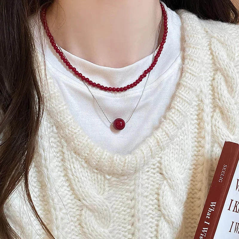 Vintage Red Beaded สร้อยคอผู้หญิงสไตล์จีนสร้อยคอลูกปัดแก้วประณีต Elegant Choker ความงามเครื่องประดับอุปกรณ์เสริม