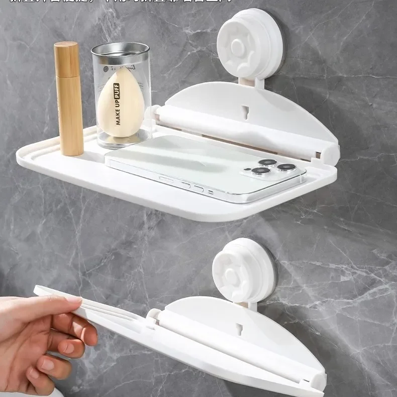 Foldable Suction Cup Storage Rack for Bathroom, Toilet, and Bedside - No Drilling Required, Wall-Mounted Phone Organize