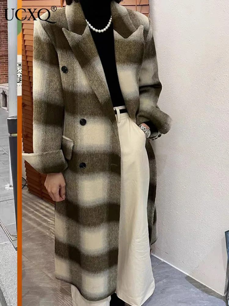 

UCXQ Elegant Long Jacker Korean Style Checkered All Match Loose Fashion Double-sided Woolen Coat Women 2024 Autumn Winter 3A9704