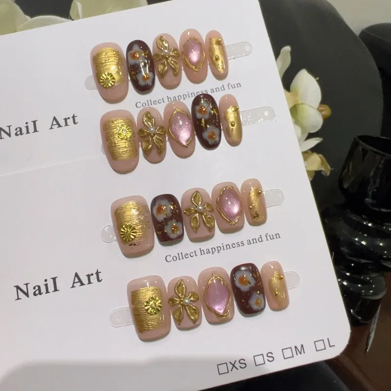 

10pcs Handmade Press on Acrylic Nails Metallic-Finish Carved Brown 3D Flowers Nail Tips Realistic False Nails High Quality 2025