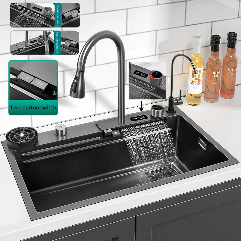 Nano Kitchen Sink Stainless Steel Countertop Sink Multifunctional Digital Display Waterfall Sink Faucet With Drainage System