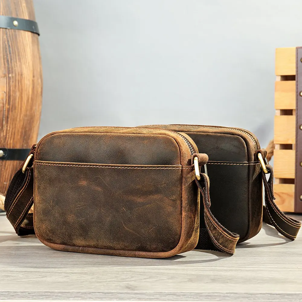 Leather Single-Shoulder Bag, Crossbody Bag, Men's Leather Small Bag, Cowhide Retro Outdoor Casual Single-Shoulder Men's Bag