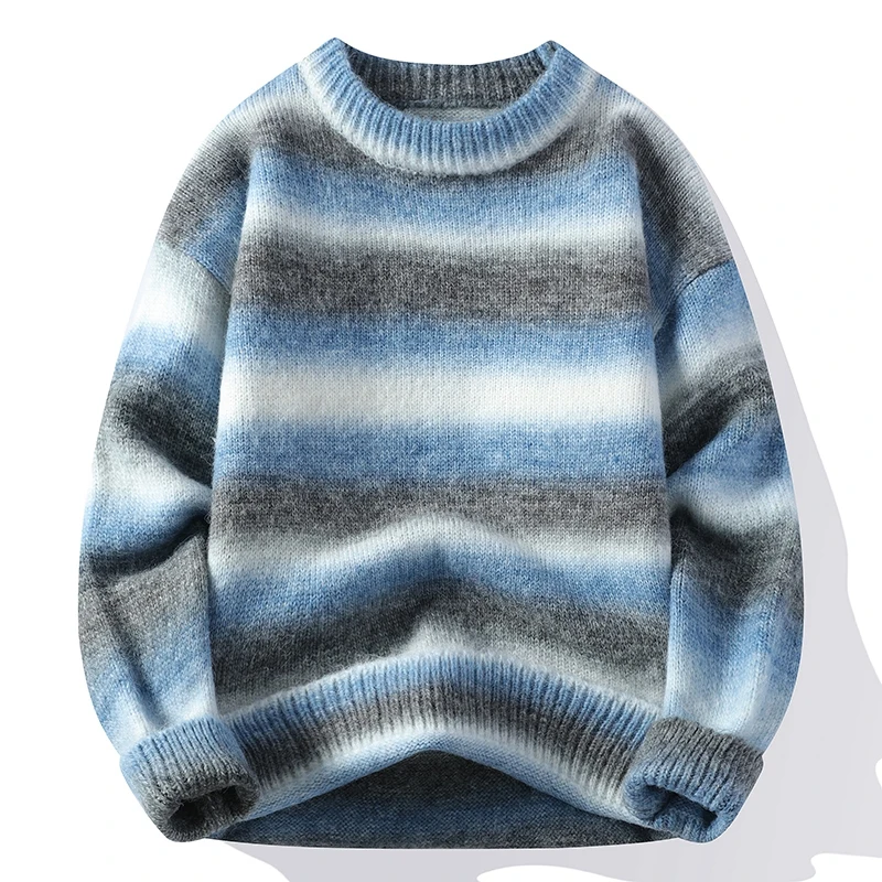 2024 Autumn/Winter New Fashion Trend Striped Crew Neck Sweater Men's Casual Loose Comfortable Thick Warm Large Size Sweater 4XL