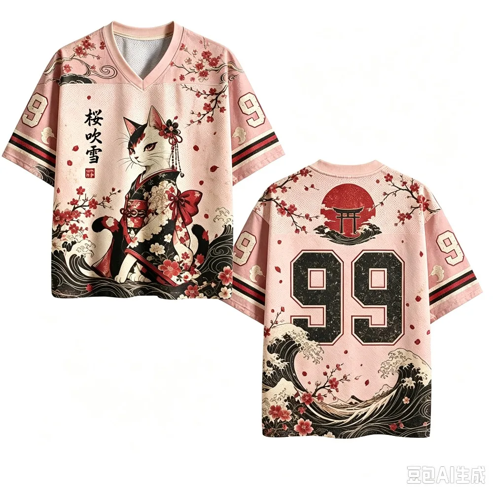 Japanischer Stil Kirschblüten-Katze 3D-Druck Schnelltrocknend Atmungsaktiv Sport Herren Damen V-Ausschnitt Loses T-Shirt Modisches Y2K Parentagl Kleidungsstück – Detail 5
