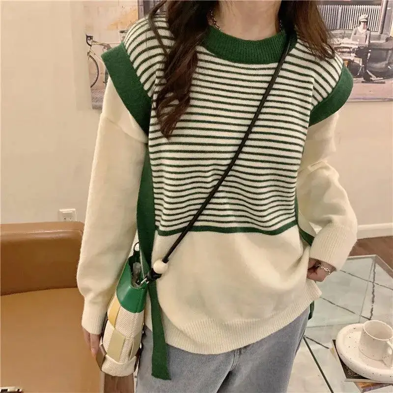 Design Sense Fake Two-piece Sweater Women's 2024 Spring and Autumn New Splicing O-Neck Striped Casual Long Sleeved Knitted Top