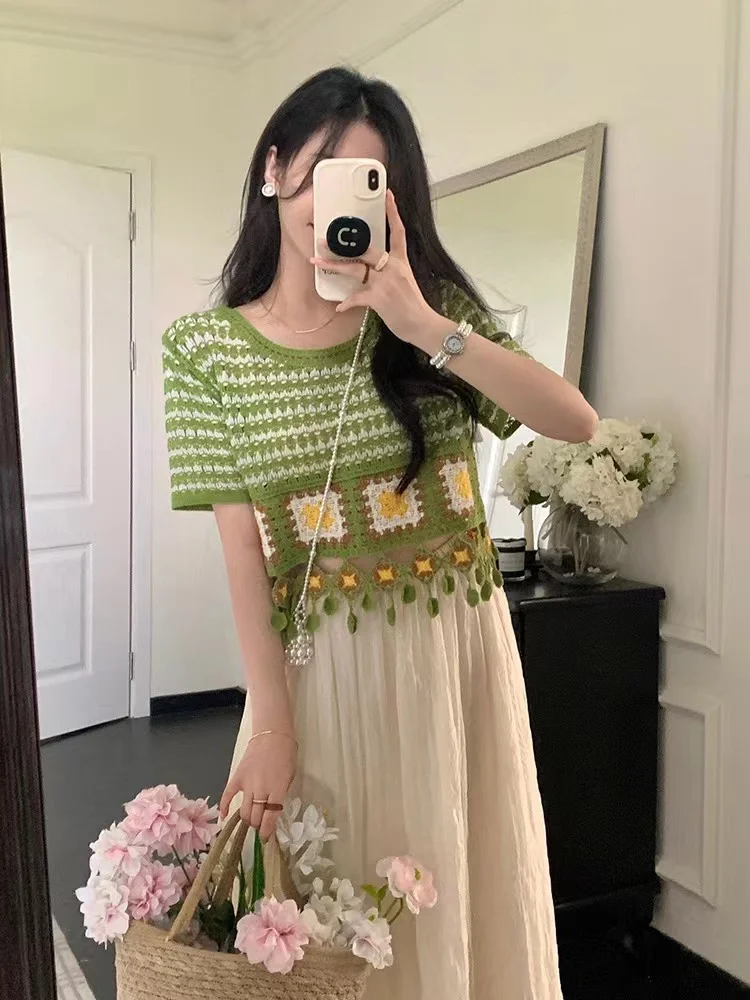 Retro Tassel Hollow out Knitwear Set Women\'s Summer 2023 New Loose Slim Half Skirt Two Piece Set