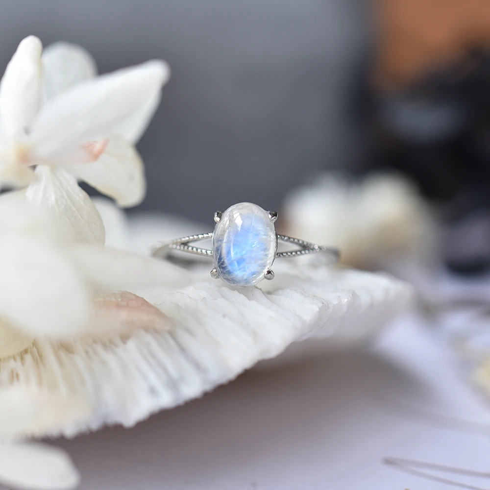ITSMOS Moonstone Luxury Rings Natural Gemstone Hollow Band Jewelry Top Blue Light Crystals Oval for Womens Lover Rings Gift