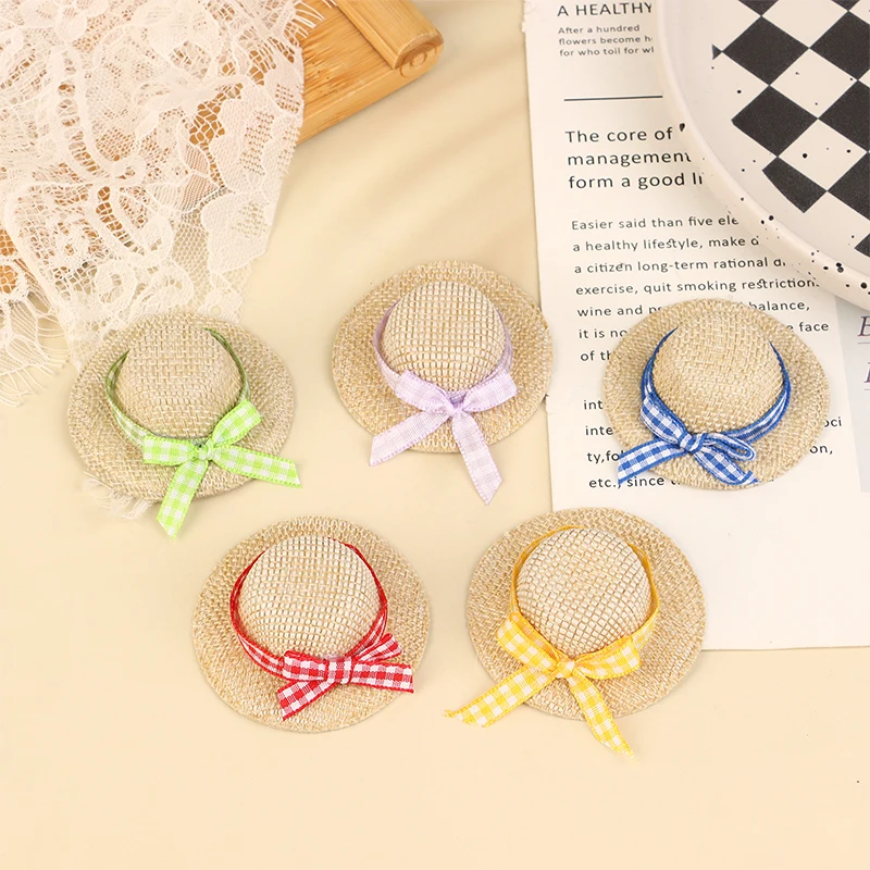 2Pcs Miniature Straw Hat Mini Doll Straw Hats With Bow Hat Doll House Ornament Hand Weaved Dollhouse Accessories