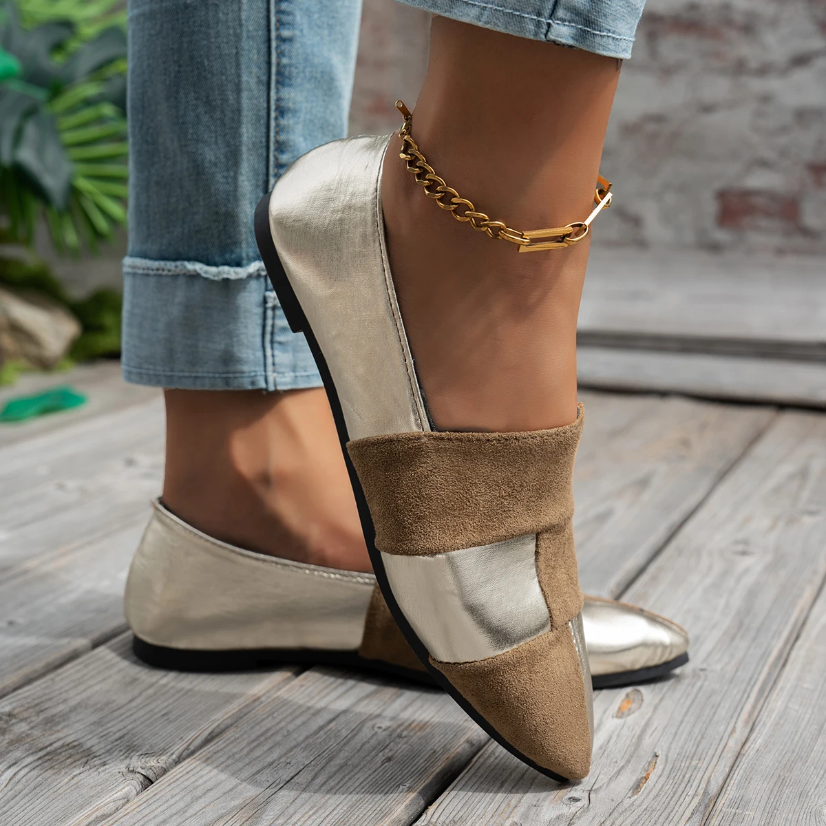 レディースカラーブロックポインテッドトゥローファー：スリッポンカジュアルシューズ、スタイリッシュ通勤通学靴