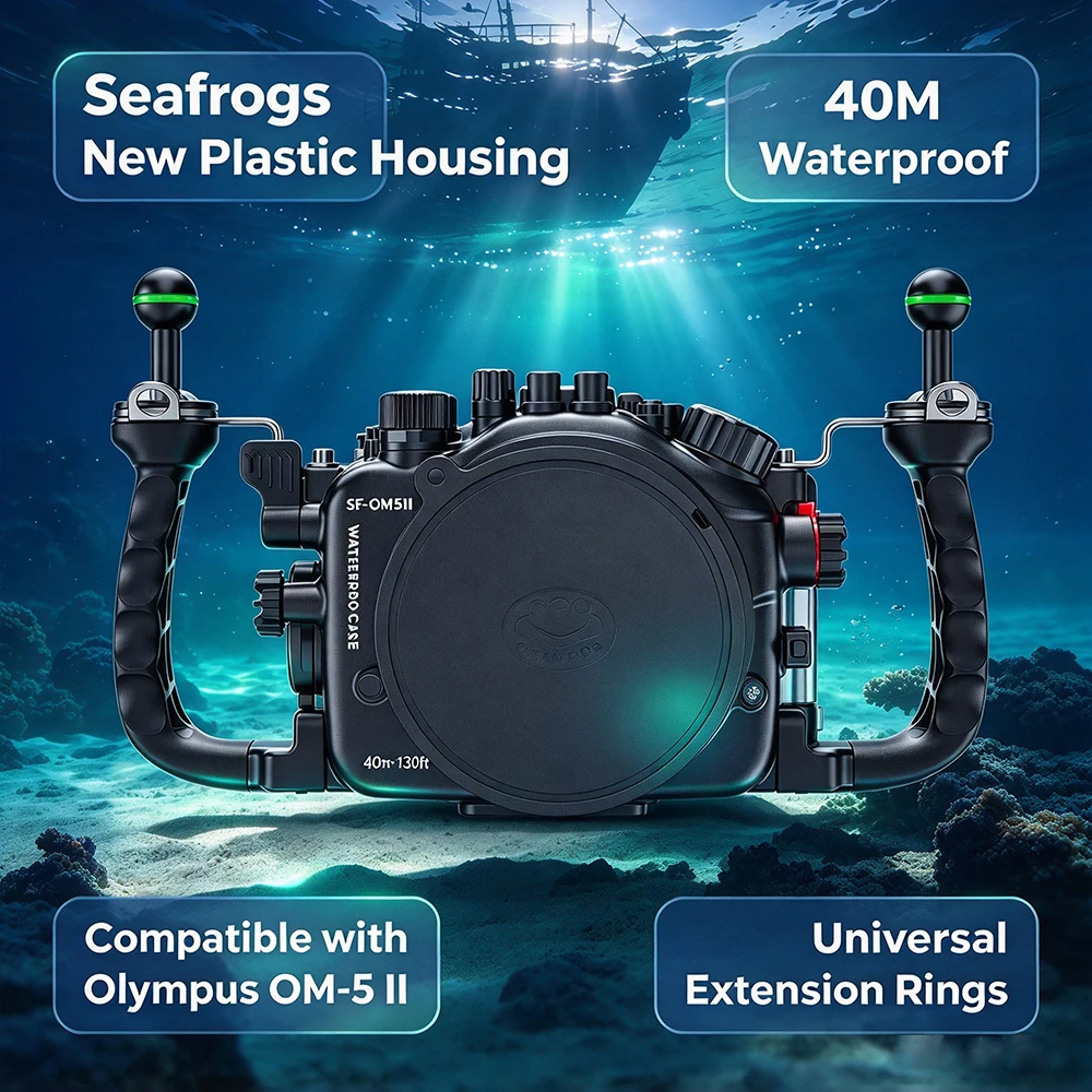 Seafrogs latest plastic version waterproof case compatible with Olympus OM5II wide-angle lens set with extension ring