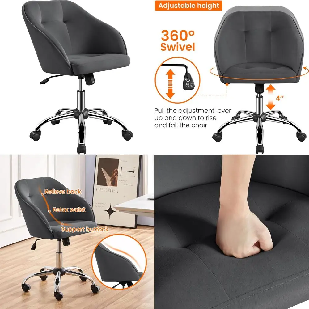 

Gray Upholstered Swivel Desk Chair with Metal Base, Adjustable Height for Modern Office and Vanity Use