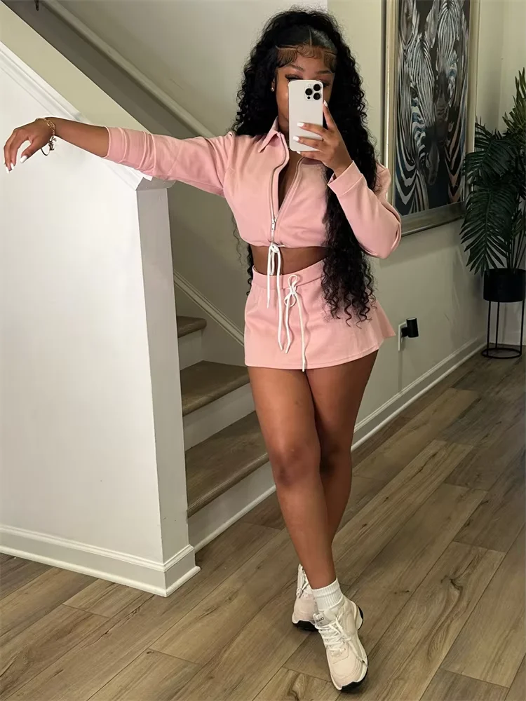 Women’s Long Sleeve Crop Top and Mini Skirt Set Y2K Fashion High Waist Drawstring Short Dress Suit for Club Night Out Daily Wear