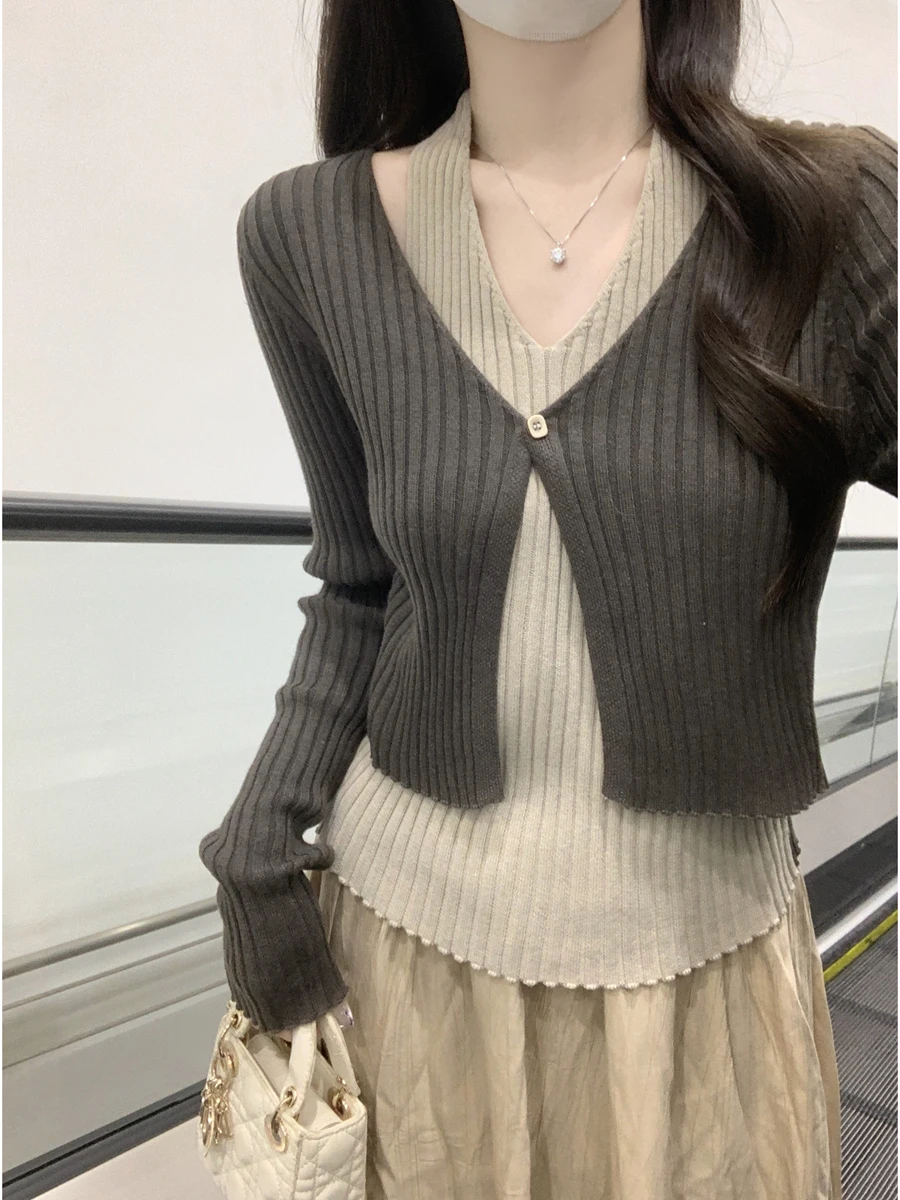 韓国 Sle V-Ne ニットセーター レディース インナーウェア Ne ハンギング フェイク ツーピース 痩身 トレンディ 秋冬 新着