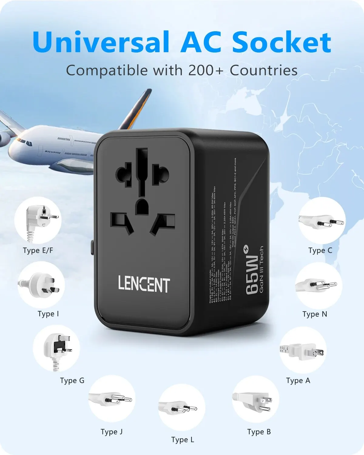 Uniwersalny adapter podróżny GaN LENCENT 65 W z 2 portami USB + 2 szybkie ładowanie typu C z wtyczką EU/UK/USA/AUS do podróży