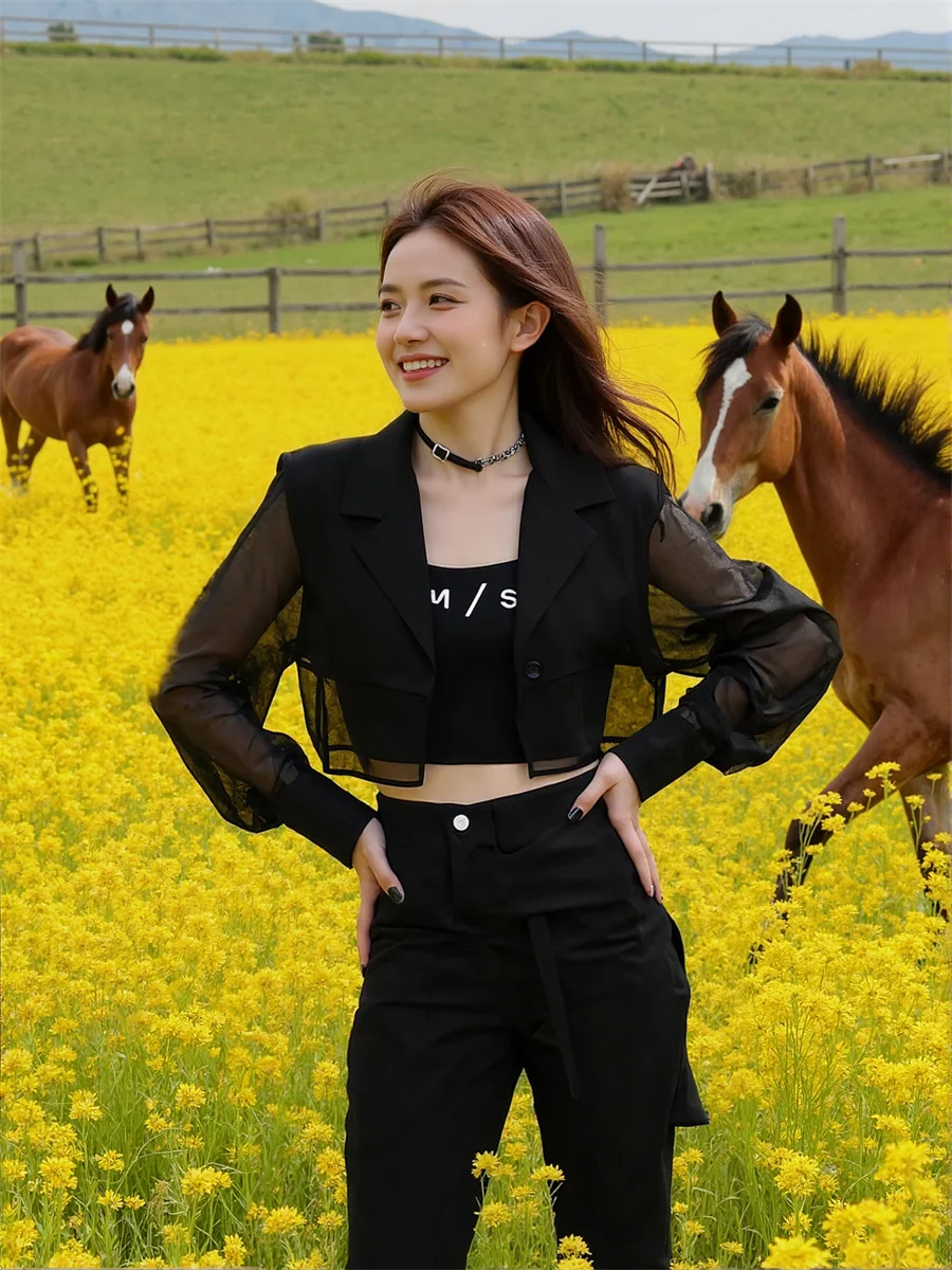 Sonnenschutz, verkürzte, durchsichtige Blazer mit Rückenschlitz für Damen mit Designs, Kleidung für Damen, hochwertige Wollmischung, gelbe Baumwolle, OL-Rosa