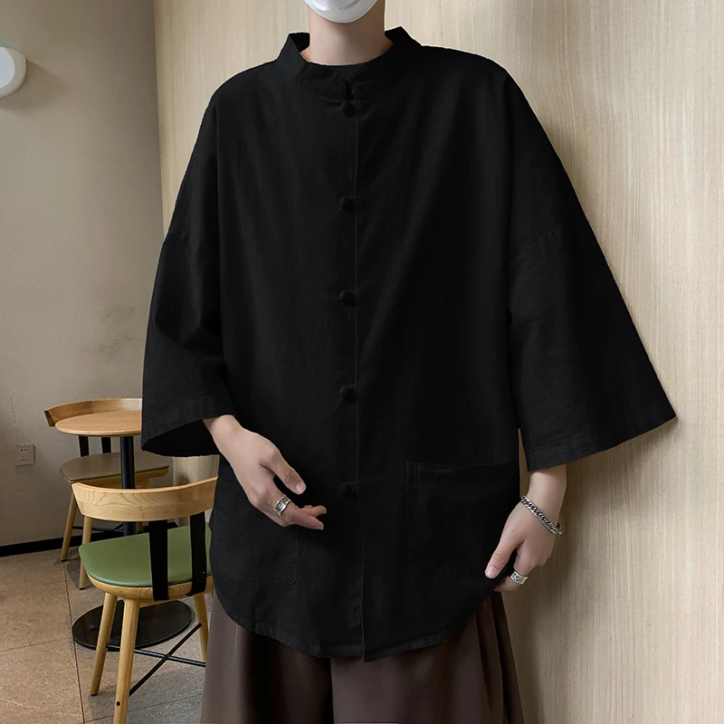 New Chinese Style Tang Suit Linen Seven Half Sleeve Shirt Men Summer Thin Cotton Pure Cotton Shirt Zhongshan Coat Jacket