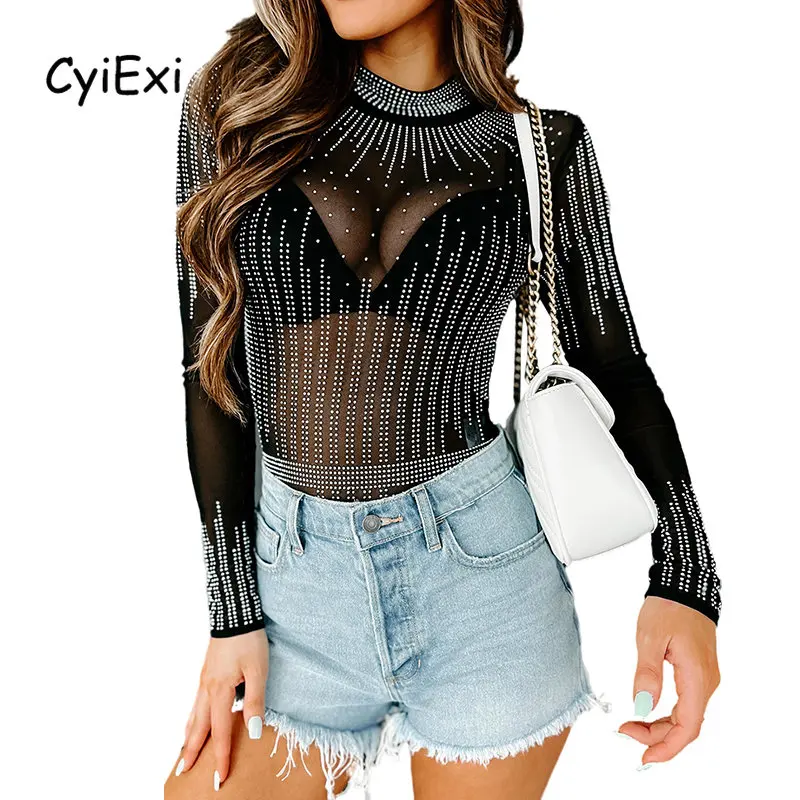 

CyiExi Black Rhinestone Bodysuit for Women Sexy Sheer Mesh Long Sleeve Bodysuits Bodycon Body Tops Ladies Lingerie Club Clothes