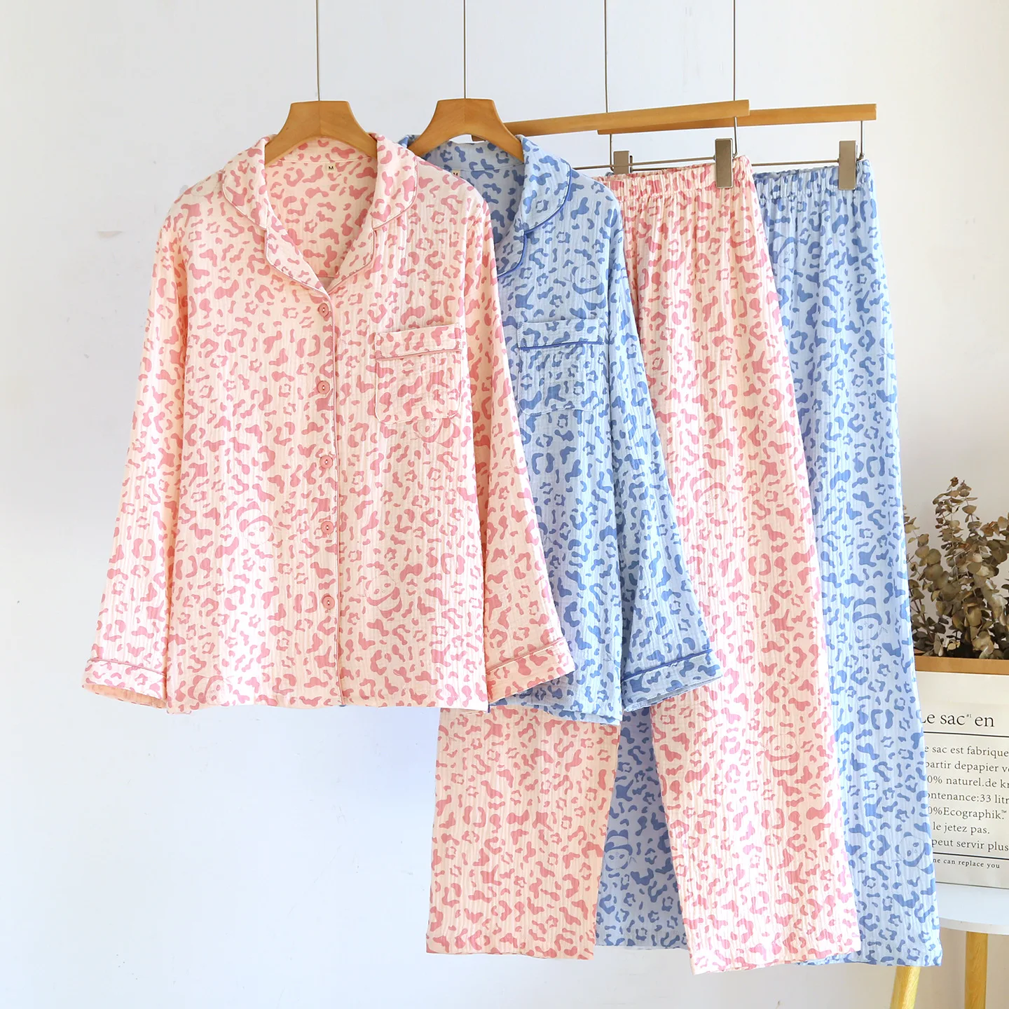 

Pink Blue Colors Leopard Printed Cotton Sleepwear Clothes for Girls Two-piece Set Cute Women's Home Wear Pajamas Suit