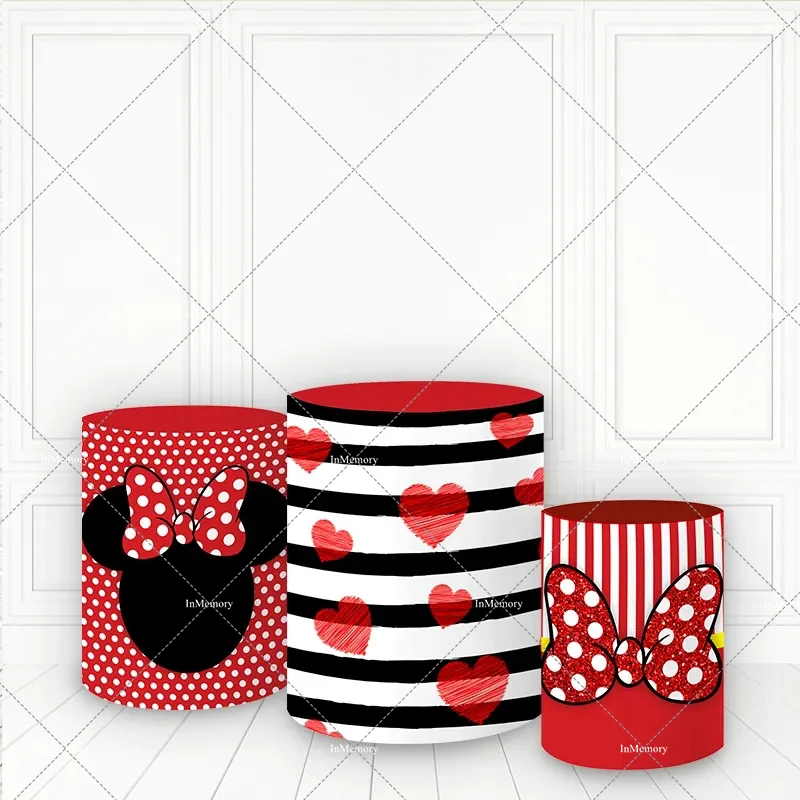 Red Heart Stripes Minnie Mouse Birthday Round Backdrop Cover Polka Dots Background Baby Shower Table Cylinder Cover