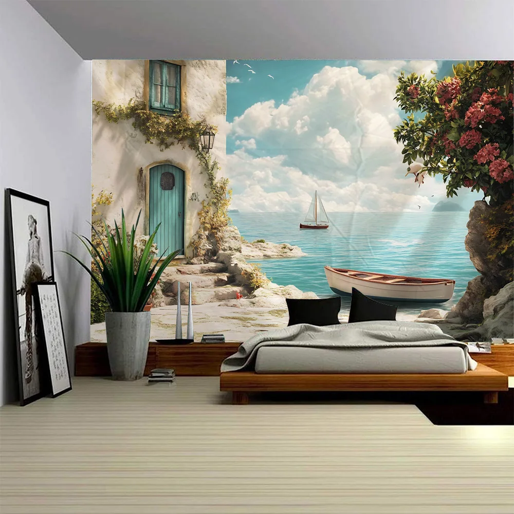 

Dreamy Sea Tapestry Pirate Ship Oil Painting Art Wall Hanging Cloth Bohemian Aesthetics Home Decoration Carpet Sofa Bed Sheet