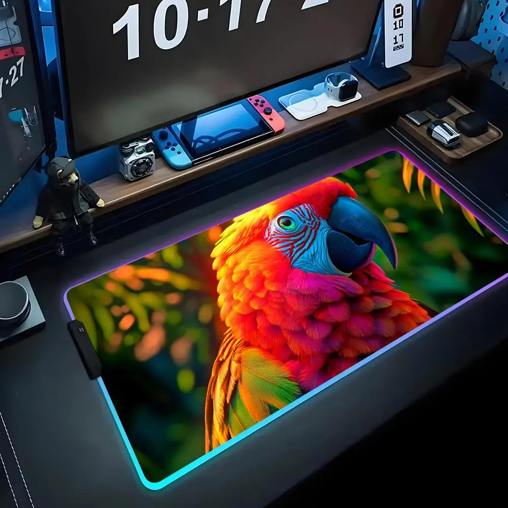 

Красочный коврик для мыши с изображением попугая, RGB-подсветка, большой игровой коврик для мыши, светящийся коврик для ПК, большой коврик для клавиатуры, настольный коврик