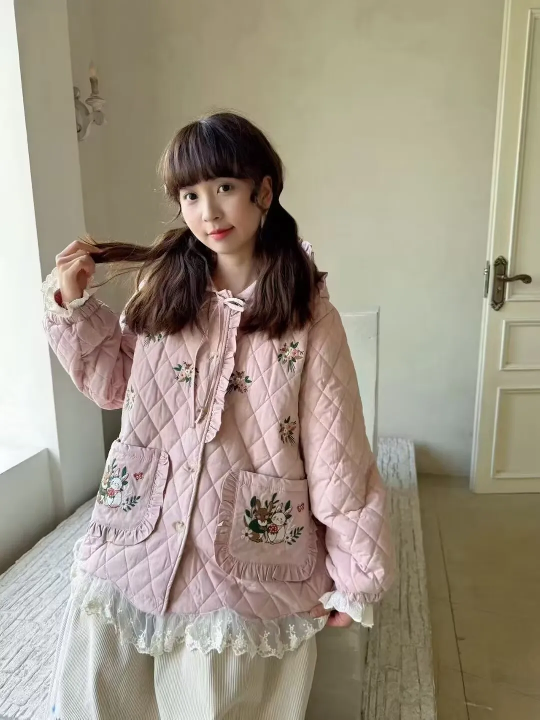 

Винтажное розовое лоскутное пальто с цветочным принтом, женское зимнее пальто Mori Gril, повседневная свободная парка, теплая хлопковая стеганая куртка, женская