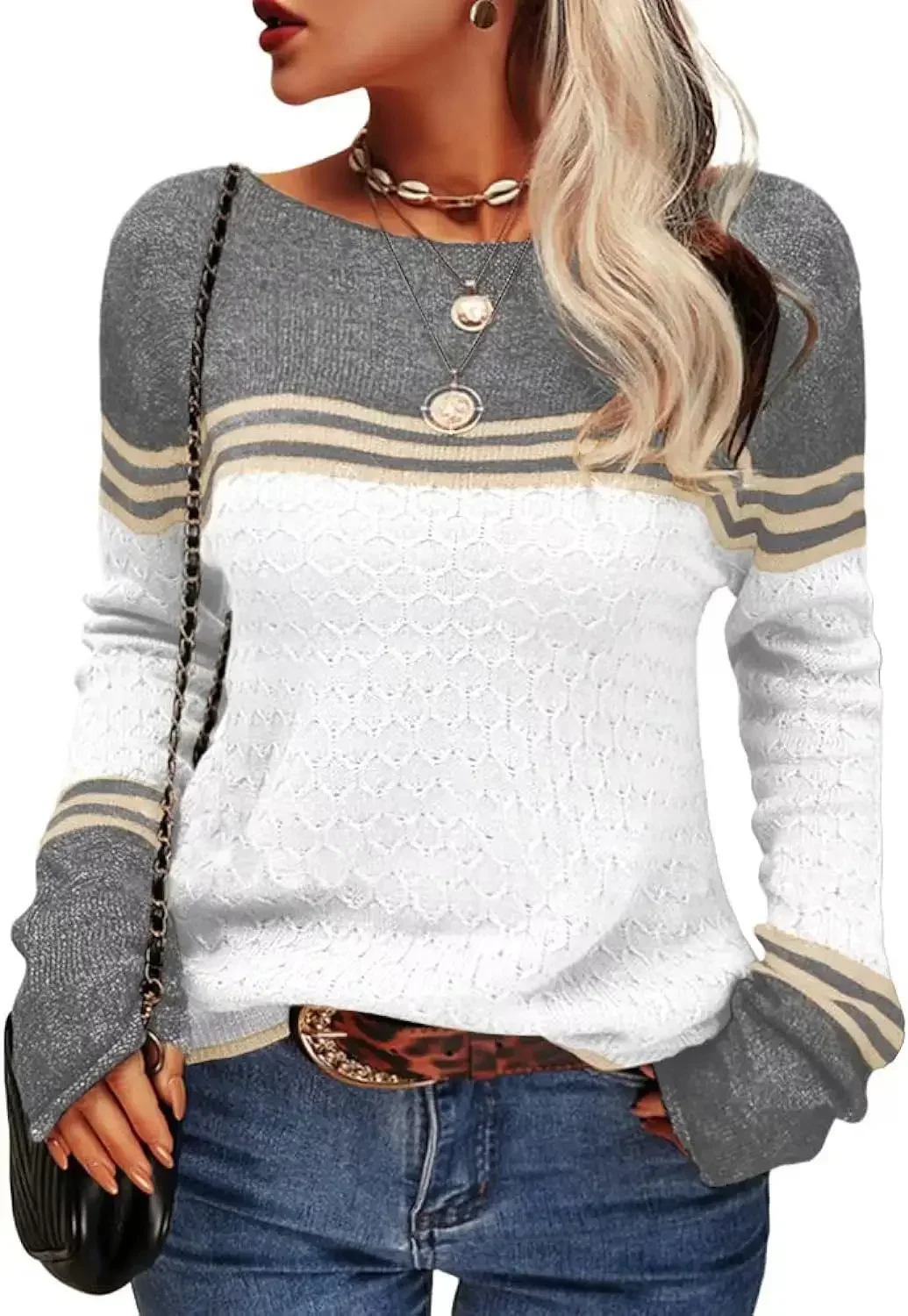 Outono e inverno novo gancho de manga comprida topo listrado cor combinando tripulação pescoço camisola de malha feminina