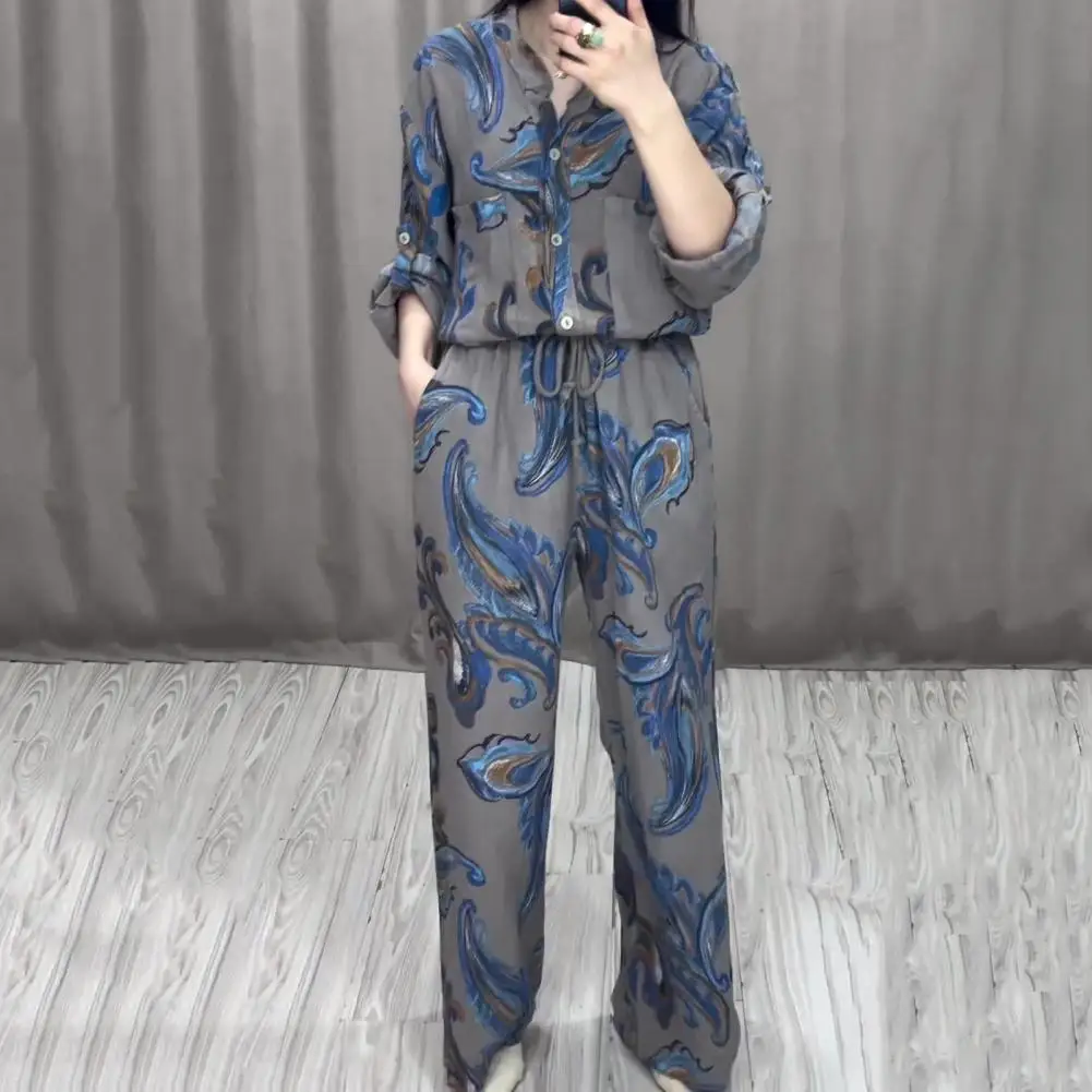 Outdoor Work Wear Suit Women's Printed Shirt Wide Leg Pants Set for Daily Outfit with Turn-down Collar Elastic Waist Commute