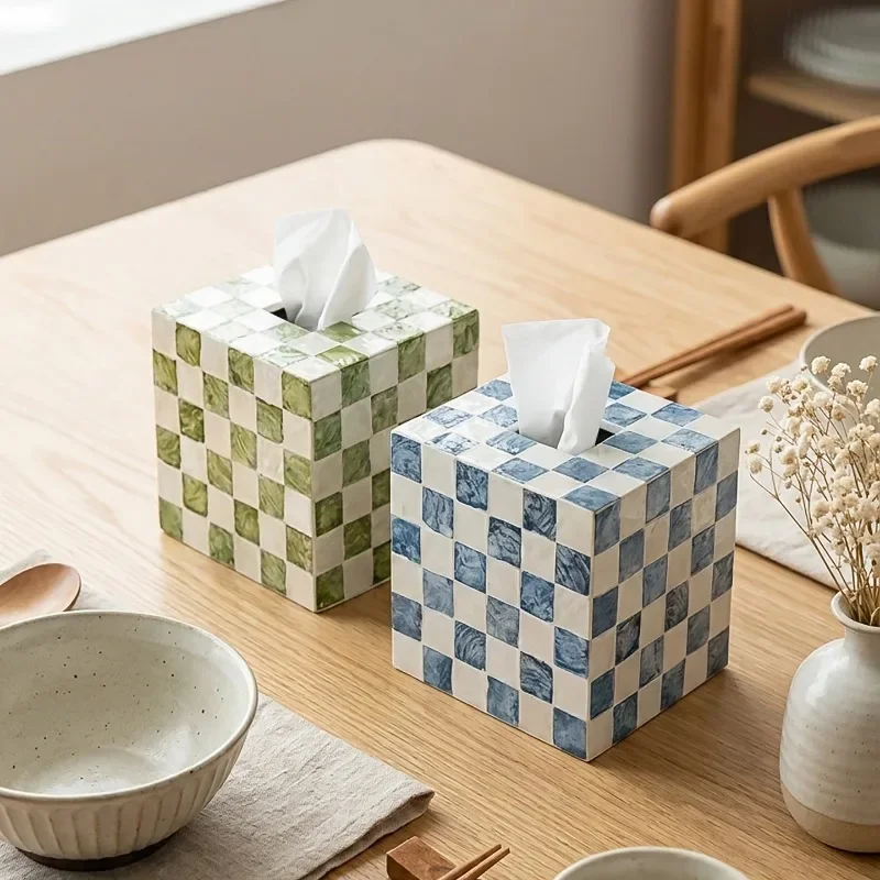 Checkerboard Shell Mosaic Tissue Box Cover, Square Decorative Napkin Holder for Living Room, Handmade Natural Shell Home Decor