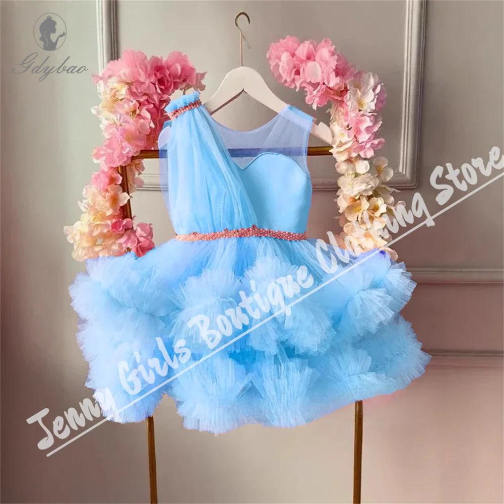 

Elegant Party Girl Dresses Pearl Belt Formal Piano Performance Outfit Birthday Flower Girl Dress Hostess Banquet