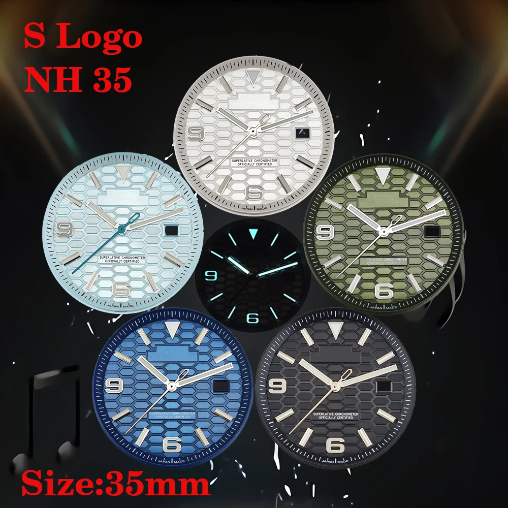 

35mm Honeycomb Design Land Watch with Blue Luminous Dial S Logo NH35 NH36 Movement Compatible Watch Accessories